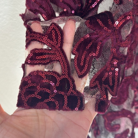 NWT Anthropologie Lace/Sequence Tie Back Puff Sleeve Burgundy Top, XXS petite - Picture 5 of 12